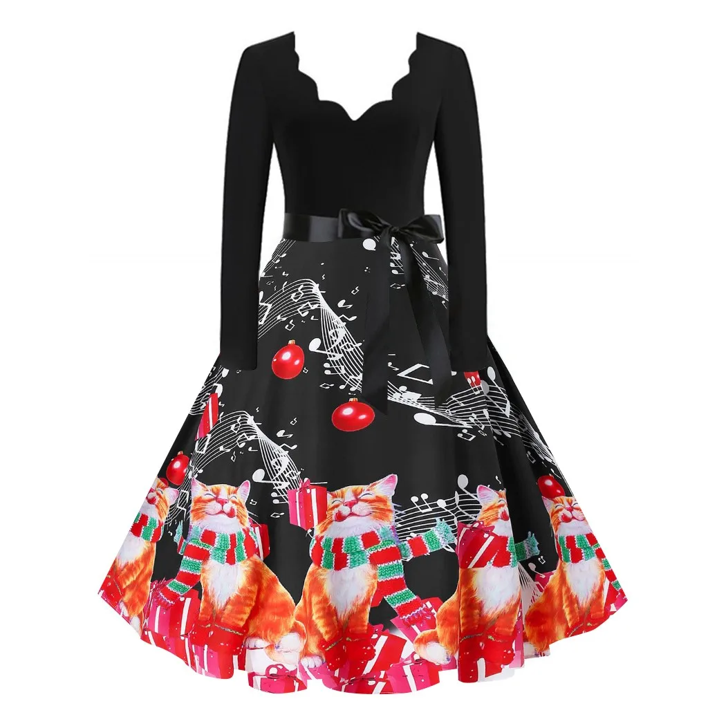 

Christmas Dress for Women Winter Vintage Cute Cat Print Long Sleeve V-Neck New Year Evening Party Dress Cute Big Swing Skirt q5