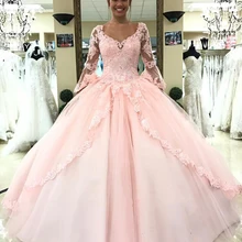 16 милых платьев; бальное платье принцессы с длинными рукавами; Розовое Бальное Платье; коллекция года; Vestidos para 15 anos; платья с v-образным вырезом для дня рождения