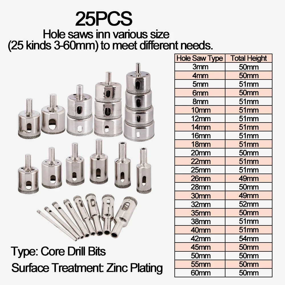 25pcs/set Diamond Hole Drill Ceramic Porcelain Marble 3-60mm Hole Saw Drill Set Drilling Core Bit