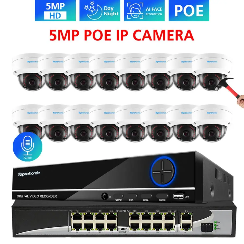 TOPROHOMIE H.265 + 4K 16CH 5MP AI уход за кожей лица CCTV NVR Kit POE камера безопасности наружного