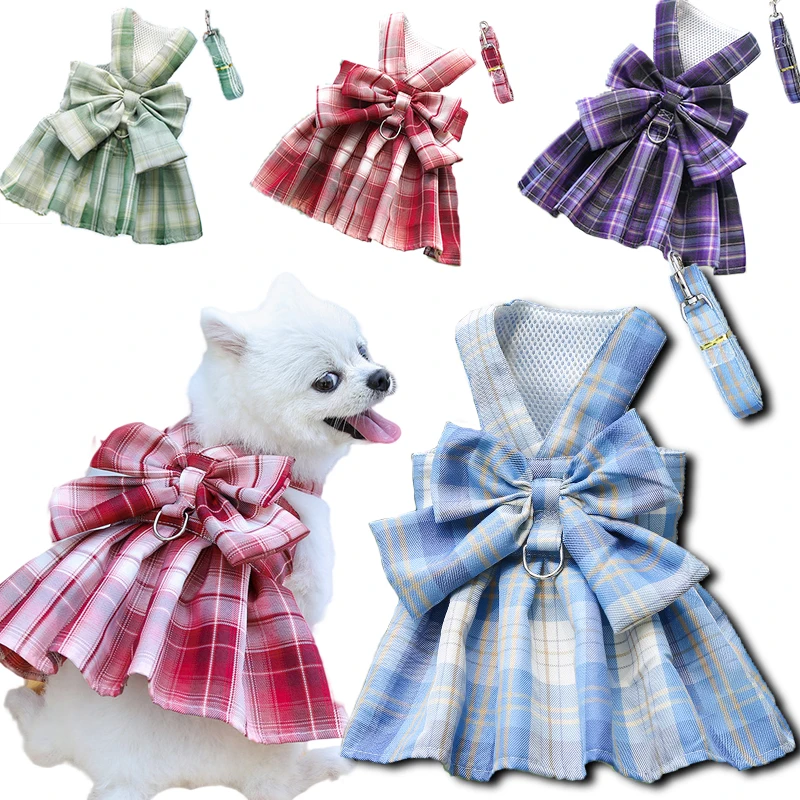 Bow Dog Collar Skirt Cute Pet Harness with Breast Strap Traction Rope