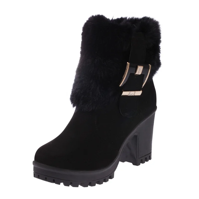 Модная женская зимняя обувь на меху ботинки на высоком каблуке пикантные женские Брендовые ботильоны теплые плюшевые женские зимние ботинки квадратный каблук 7 см A153 - Цвет: Черный
