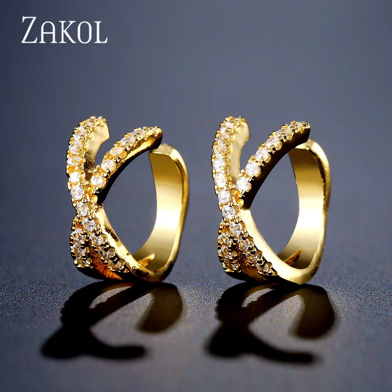 ZAKOL, 3 цвета, женские серьги-каффы, Модный Крест, без пирсинга, маленькие серьги для девушек, клипсы, каффы, микро серьги с фианитами, FSEP2390