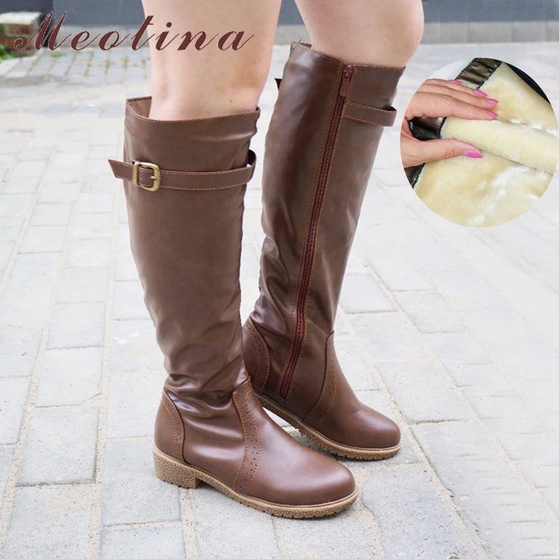 Tanie Meotina zimowe damskie buty jeździeckie Chunky na niskim obcasie buty motocyklowe buty Zip klamra jesień kobiety wysokie buty żółty duży rozmiar 9 10