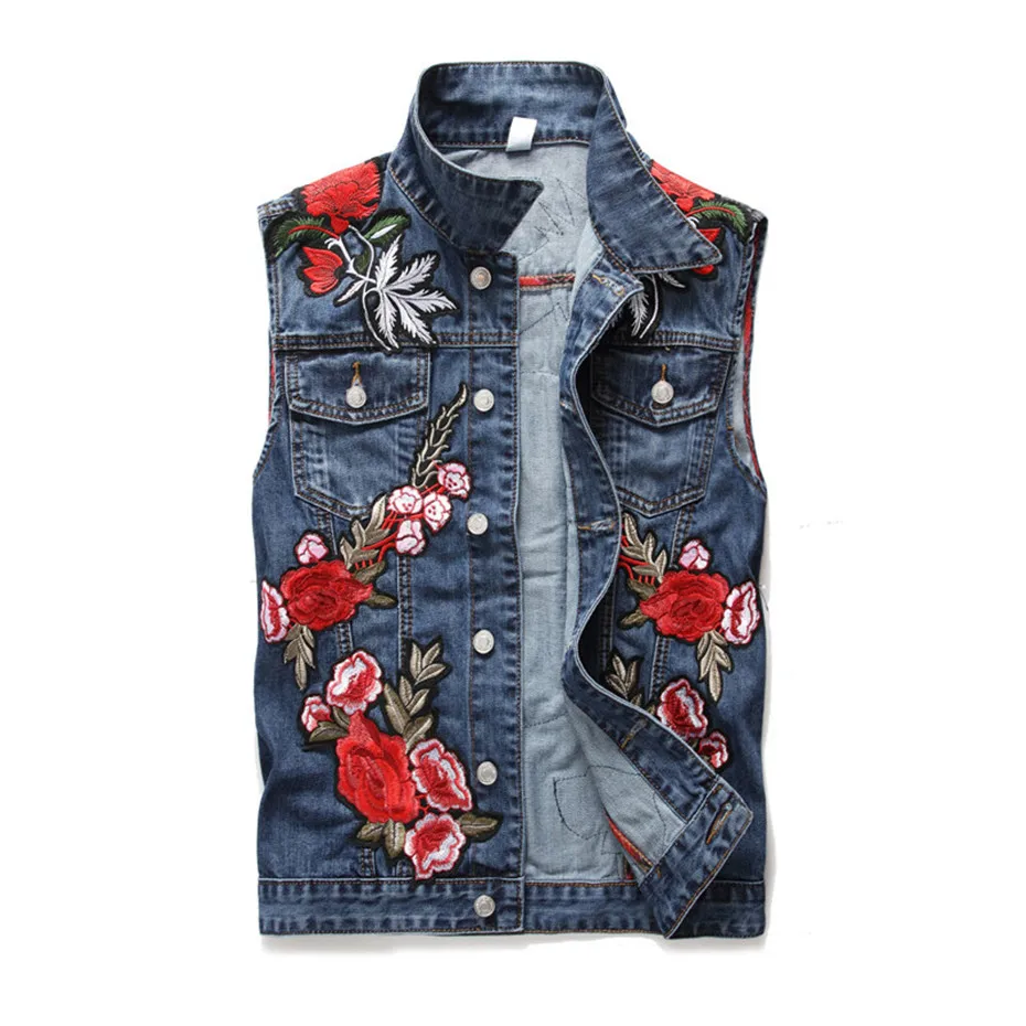 

Fashion Mens Denim Vest High Quality Rose Embroidery Patchwork Slim Jeans Waistcoat Male Sleeveless Jackets