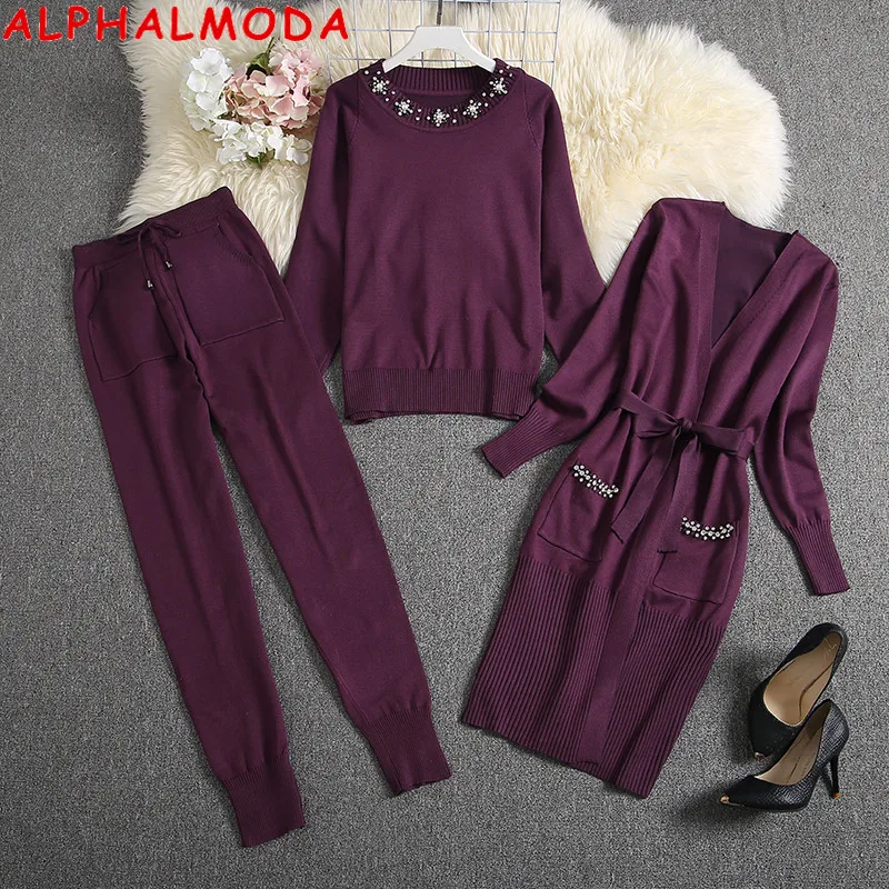 

ALPHALMODA 2019 Winter Women Warm 3pcs Suit Heavy-work Diamond Long-sleeved Cardigans + Sweater + Pants Female 3pcs Fashion Suit