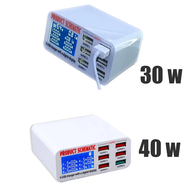 6 Port LCD Display USB Fast Quick Charger EU US UK Plug For IPhone X 8 7 6 IPad Pro Air Mini 3 2 1 Fast Charging Station