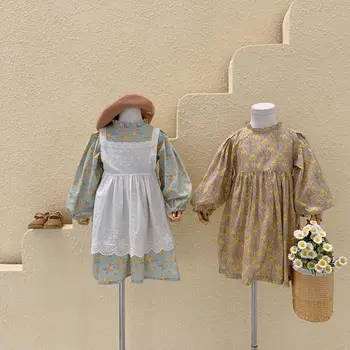 

New Arrival Autumn Girls Fashion Princess Dress Toddler Kids Long Sleeve Cotton Dress With White Apron Korean Cute Maid Set