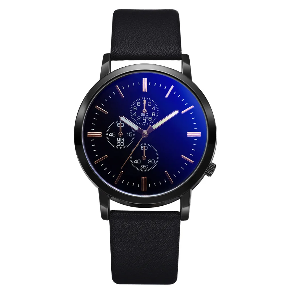

Business Men Leather Watch Large Dial Ultra-Thin Measuring Classic Three-Eyed Six-pin Trend Blueray Mirror Watch