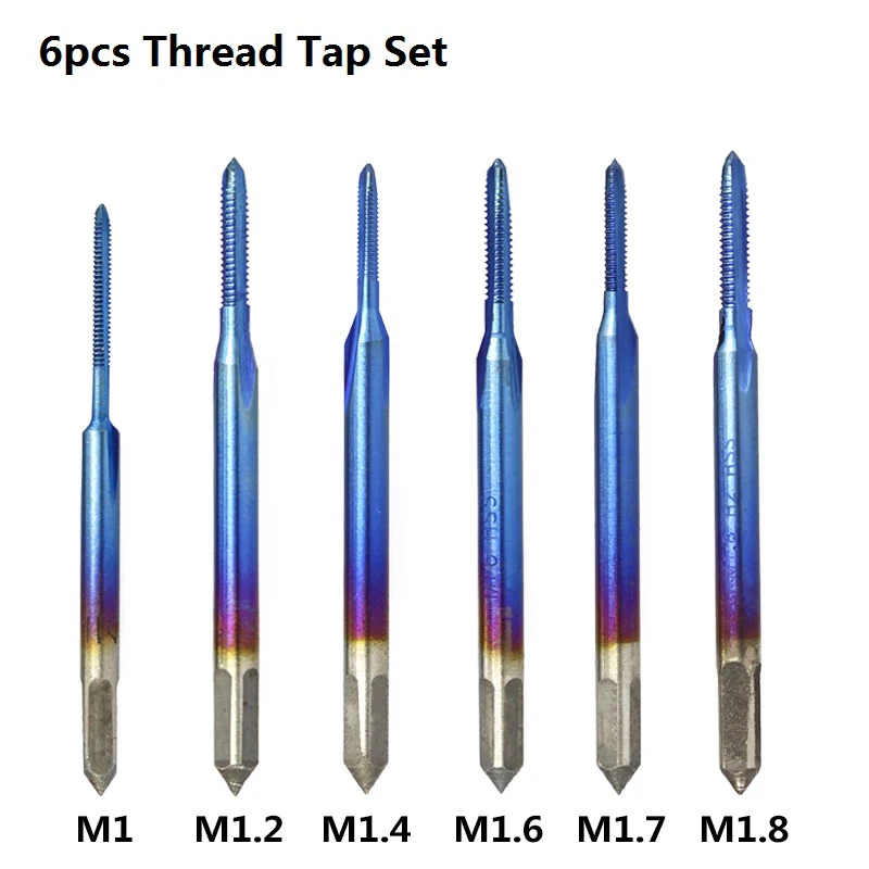 CMCP 6 шт. M1 M1.2 M1.4 M1.6 M1.7 M1.8 мини машина резьбовой кран HSS 6542 метрический винтовой кран сверло прямая пробка для флейты кран - Цвет: 6pcs Nano Blue