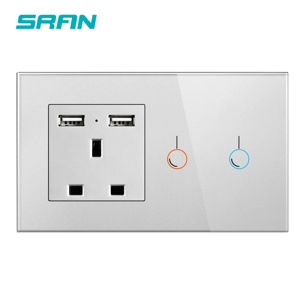 SRAN UK 13A Розетка с usb и переключателем 1 комплект 1 способ сенсорный светильник переключатель стеклянная панель 146*86 мм аксессуары для украшения Умного Дома