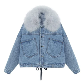 

Winter Jeans Jacket Woman Warm Coat Fox Fur Collar Women's Vintage Denim Jacket Plus Size Jacket Woman Loose Fur Outwear