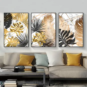

Scandinavian Style Golden Leaf Canvas Art Posters and Print Plants Wall Art Pictures for Living Room Bedroom Room Home Decor