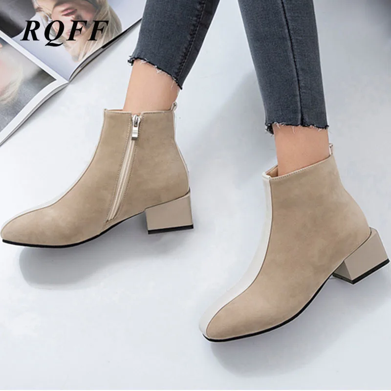 

2019 Winter Ankle Boots for Women Plus Size 45 46 New Autumn Fashion Square Toe Med Heel Shoe Woman Patchwork Flock Zipper Mixed