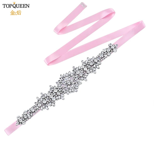TOPQUEEN S319 Rhinestones Wedding Belts Wedding Sashes Crystal Bridal Belts Decorative Belt with Stones Jeweled Satin Ribbons Pink ribbon