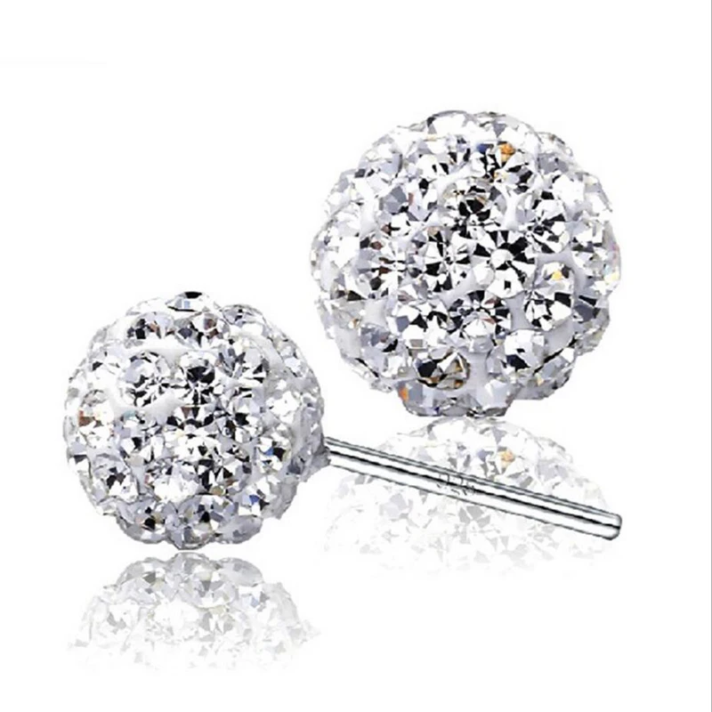 High Quality 925 Sterling Silver Rhinestones Crystal Ball Stud Earring Bead Jewelry 10mm 8mm 6mm Stud Earring For Female Jewelry