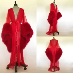 2020 меховой женский халат с длинным рукавом, сексуальная красная ночная рубашка с глубоким v-образным вырезом, ночная сорочка с оборкой