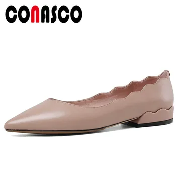 

CONASCO Spring Summer Concise Elegant Casual Wedding Office Woman Pumps Genuine Leather Ruffles Solid Color Shallow Shoes Woman
