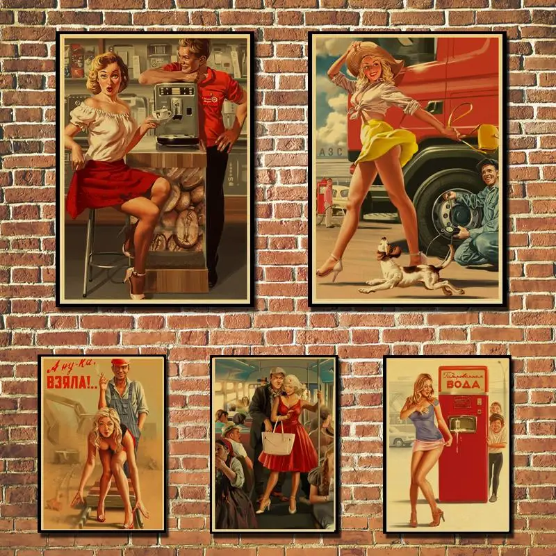 tableau mural Classic Vintage World War II Sexy Pin Up Girl  Paper Poster Wall Painting For Living Room Home coffee bar