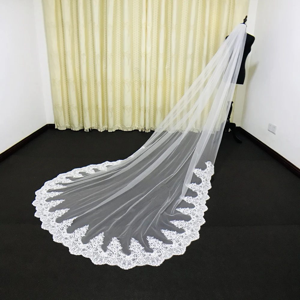 Real Photos White/Ivory Mantilla Cathedral Bridal Veil Length Lace Edge Long With Metal comb Wedding Accessories