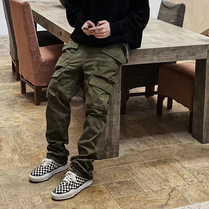 Harajuku Multi-pockets Straight Flare Pants Mens High Street Elastic Waist Solid Loose Casual Cargo Pants Hip Hop Baggy Trousers