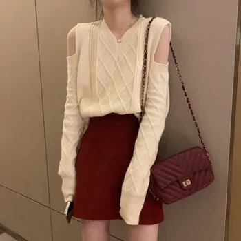 

V-neck Pullover Off Shoulder Long Sleeve Sweater Women's Early Spring Chic Style Design Sexy And Femininity Popular Dress