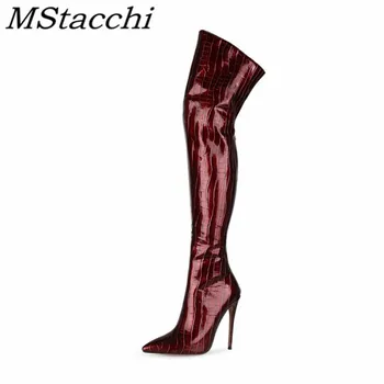 

Mstacchi Over Knee Women's Boots 2020 New Fine Heel Stripe Personalized Design Sexy Pointed Retro Women Shoes Coturno Feminino