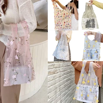 

Female Flower Embroidery Hand Bag Organza Casual Tote Mesh Shopping Bags Women Handbags
