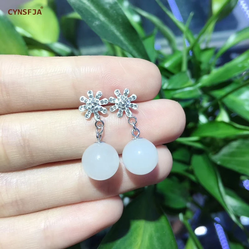 CYNSFJA Real Certified Natural Hetian Jade 925 Sterling Silver Handmade Fine Jewelry White Jade Earrings High Quality Best Gifts