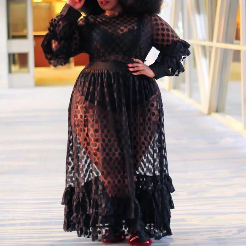 

African Style Dress For Women Plus Size Transparent See Through Dot Black Long Sleeve Evening Night Club Sexy Dresses 2020 New