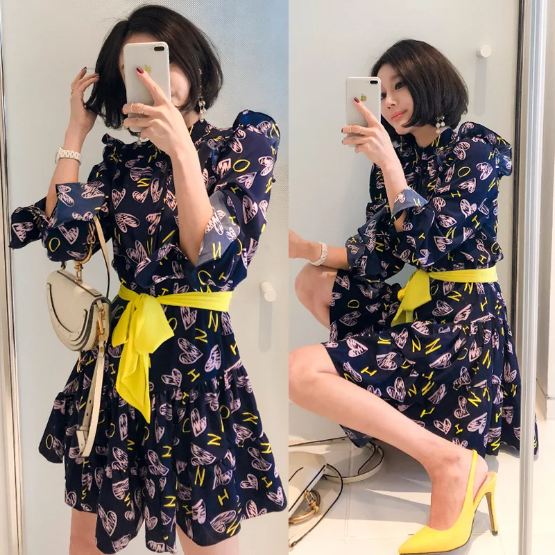 

2019 New Style Korean-style Elegant Stand Collar Lace-up Waist Hugging Printed Long Sleeve Princess Dress Fashion Dress Women's