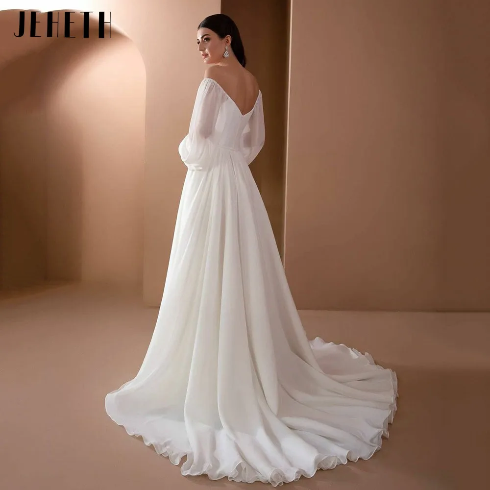 bridesmaid JEHETH Long Puff Sleeves Chiffon Wedding Dress for Bride 2022 Elegant Sweetheart A Line Open Back Bridal Gown vestidos de novia pink wedding dress