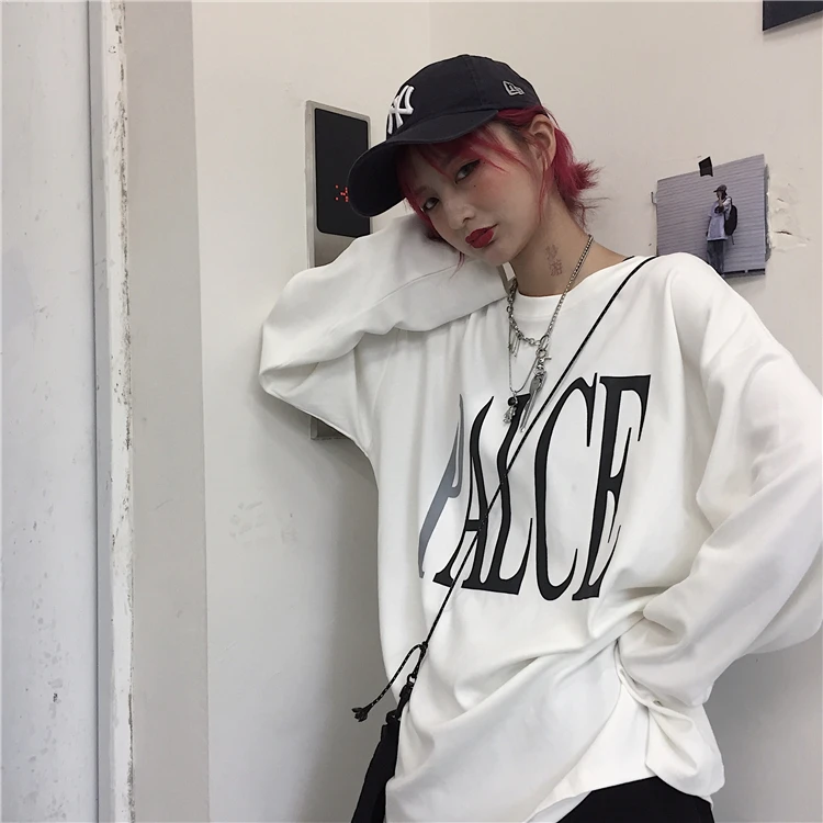 Harajuku/винтажная Повседневная белая футболка с длинными рукавами и круглым вырезом с принтом в виде смога и букв летние готические футболки для пары в стиле панк; большие размеры; футболки