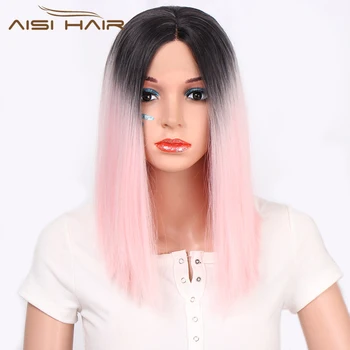 

AISI HAIR Short Kinky Straight Lace Front Wig Ombre Pink Wigs for Black Women Synthetic Natural Middle Part Hair Bob Wig
