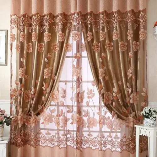 Coffee Door Window Curtain Sheer Floral Voile Pocket Curtain Drape Valance Window Curtains Household Product Mosquito Screen - Цвет: Coffee