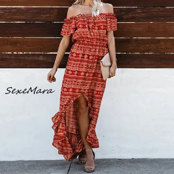 

Fashion Casual Sexy Women Print Maxi Dress 2020 Summer Slash Neck Ruffles Slim Irregular Dress