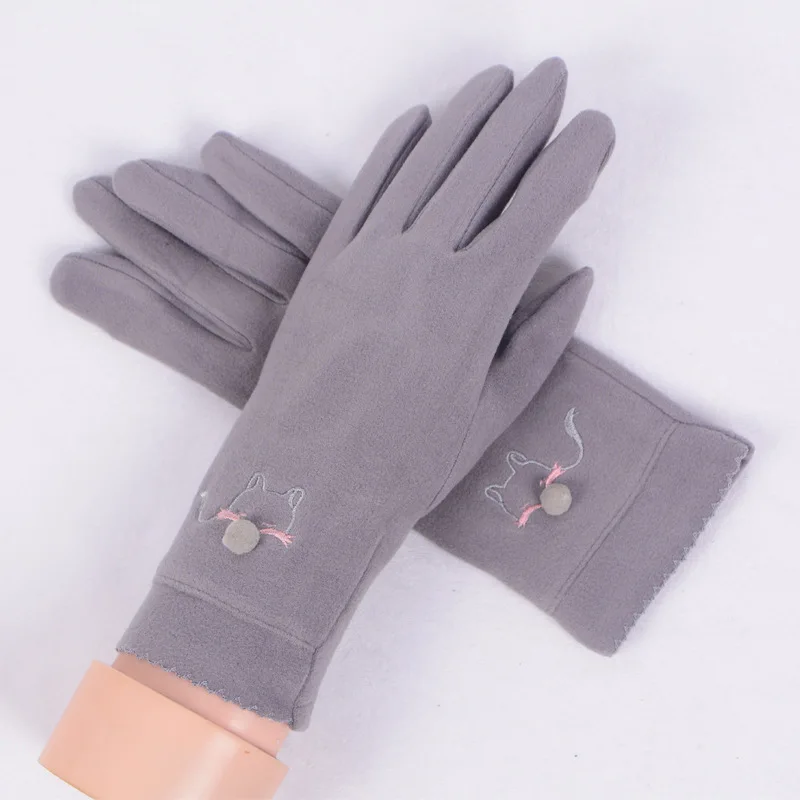 Зимние кашемировые милые женские перчатки с вышивкой лисы, тонкие теплые бархатные варежки, весенние ветрозащитные перчатки для езды на велосипеде E47