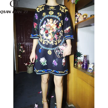 

Qian Han Zi 2019 designer fashion autumn dress Women'S 3/4 Vintage Flower Print Sequined Beaded Loose Dress