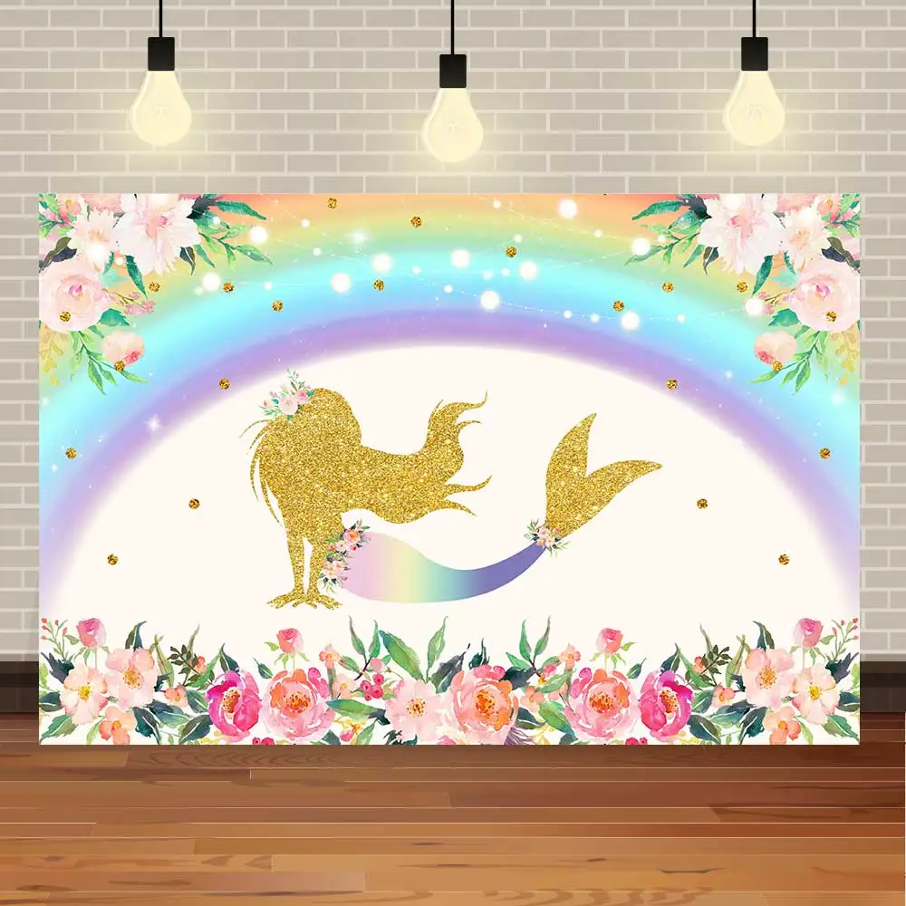 

NeoBack Happy Birthday Baby Shower Mermaid Rainbow Princess Watercolor Flower Party Banner Photo Backdrop Photography Background