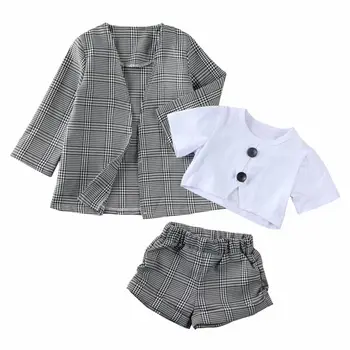 

U1-6Y Infant Autumn Fall Baby Girls Kids Clothes Sets Short Sleeve Tops Pants Plaid Coat Formal Outfit Clothes 3PCS