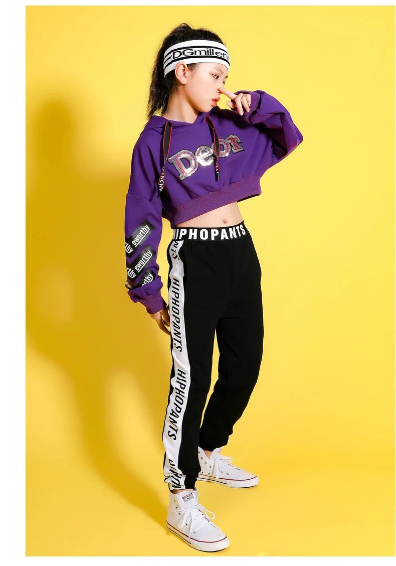 Детская фиолетовая одежда в стиле хип-хоп; укороченная толстовка с капюшоном; футболка; топ для бега; повседневные штаны для девочек; одежда для бальных танцев; костюмы