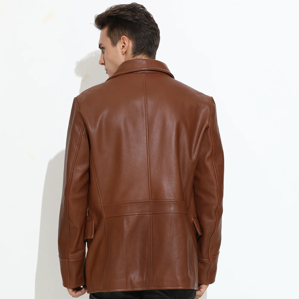 

2020 Brown Men Long Casual Leather Jacket Large Size XXXXL Double Breasted Genuine Cowhide Russian Autumn Fashion Leather Coat