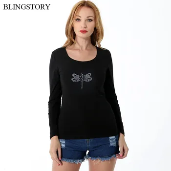 

BLINGSTORY High Street Crystal Bead Autumn T Shirt Tops Women V-neck Diamond Cotton Female Plus Size Cotton Tee
