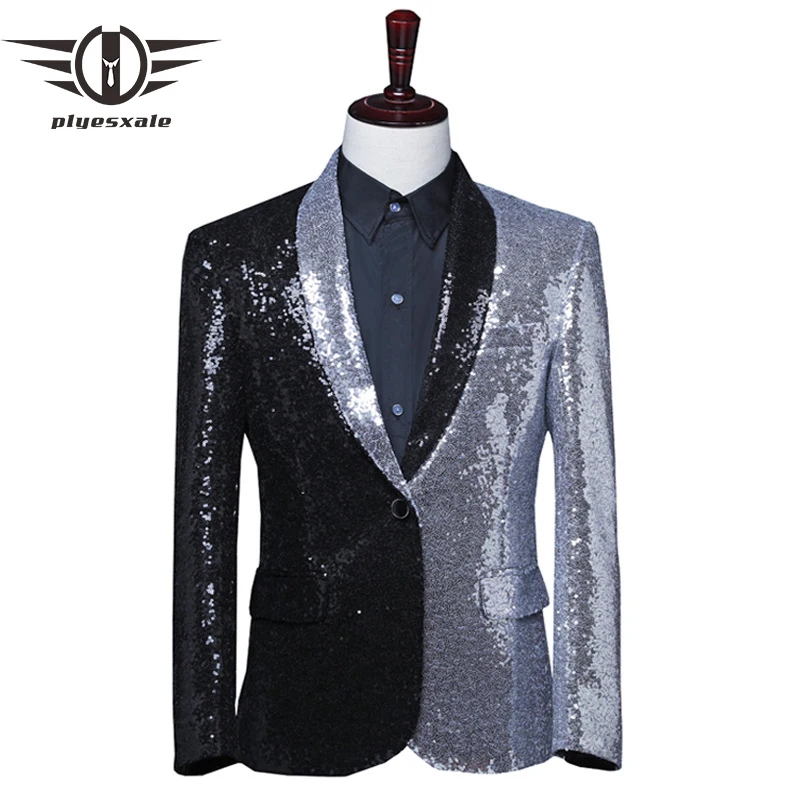 Black Silver Mens Sequin Blazer Jacket Fashion Patchwork Shiny Blazer