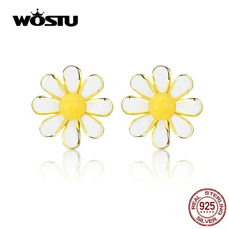 WOSTU подлинные 925 пробы серебряные серьги-гвоздики с ромашками, классические модные серьги с растениями для женщин, ювелирные изделия CTE203