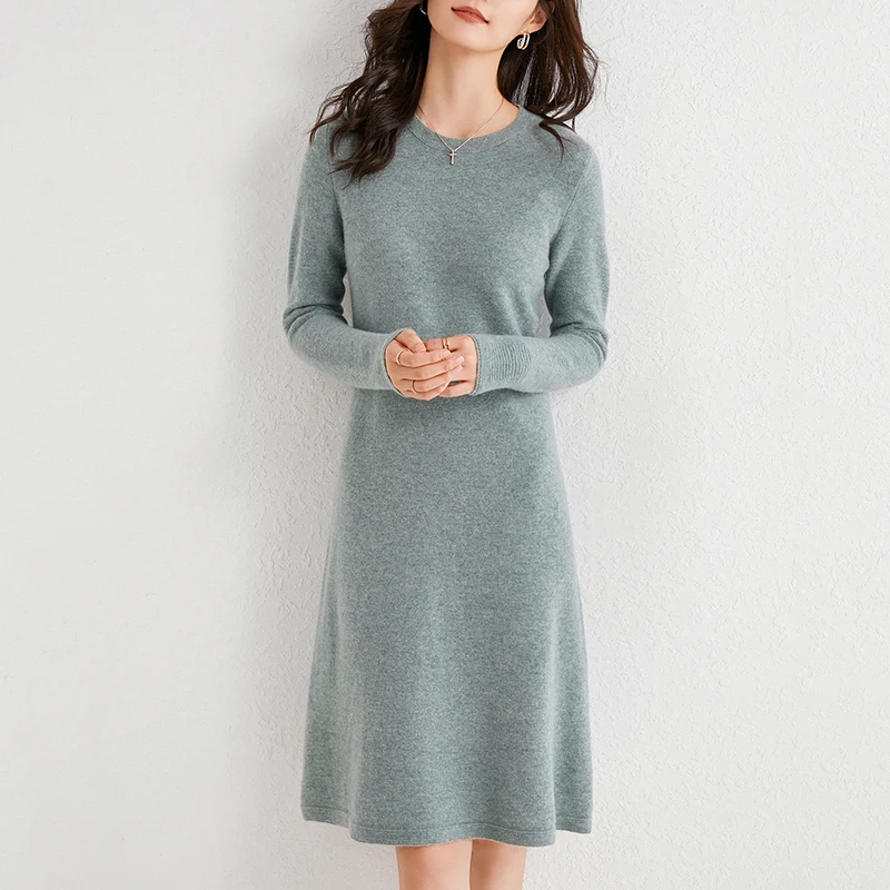 100% Cashmere and Wool Knitting Dresses Women 2020 Winter New Fashion Length-keen Warm&Best Quality Dress Female O-neck Cloth 100% Cashmere and Wool Knitting Dresses Women 2020 Winter New Fashion Length-keen Warm&Best Quality Dress Female O-neck Cloth