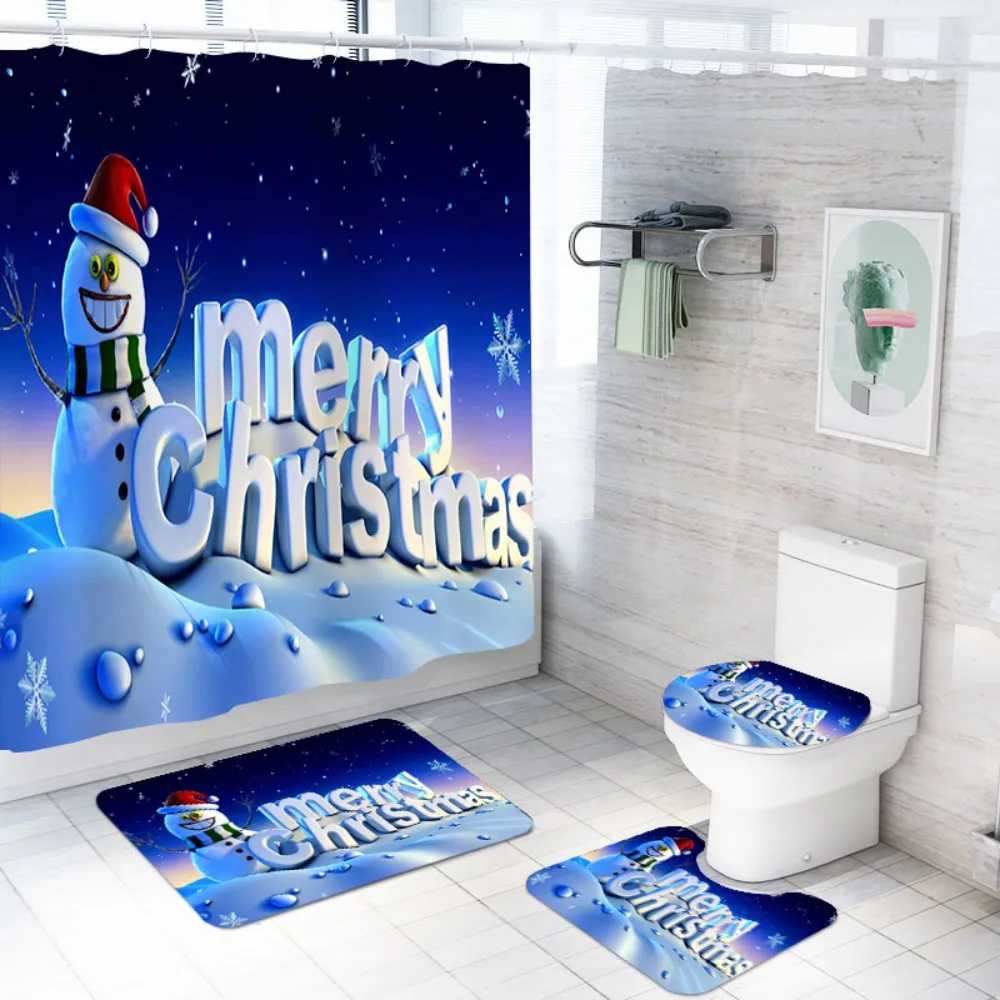 Merry Christmas Снеговик Водонепроницаемый полиэстер ткань занавеска для душа 4 шт. с крючками и коврики для ванной синий белый