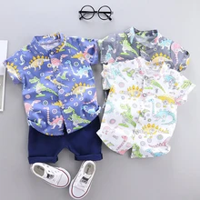 Летняя одежда для маленьких мальчиков Новинка года; модная футболка с динозавром из мультфильма+ шорты; хлопковые комплекты детская одежда комплект из 2 предметов для малышей