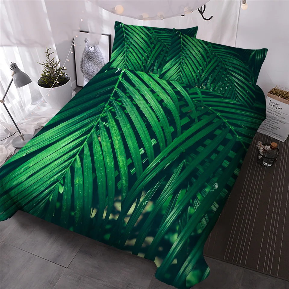 

HM Life Duvet Cover Sets Green Leaves Texture Jungle Tropical Palm Leaf Bedding Set Foliage Home Textiles 3-Piece Bedclothes