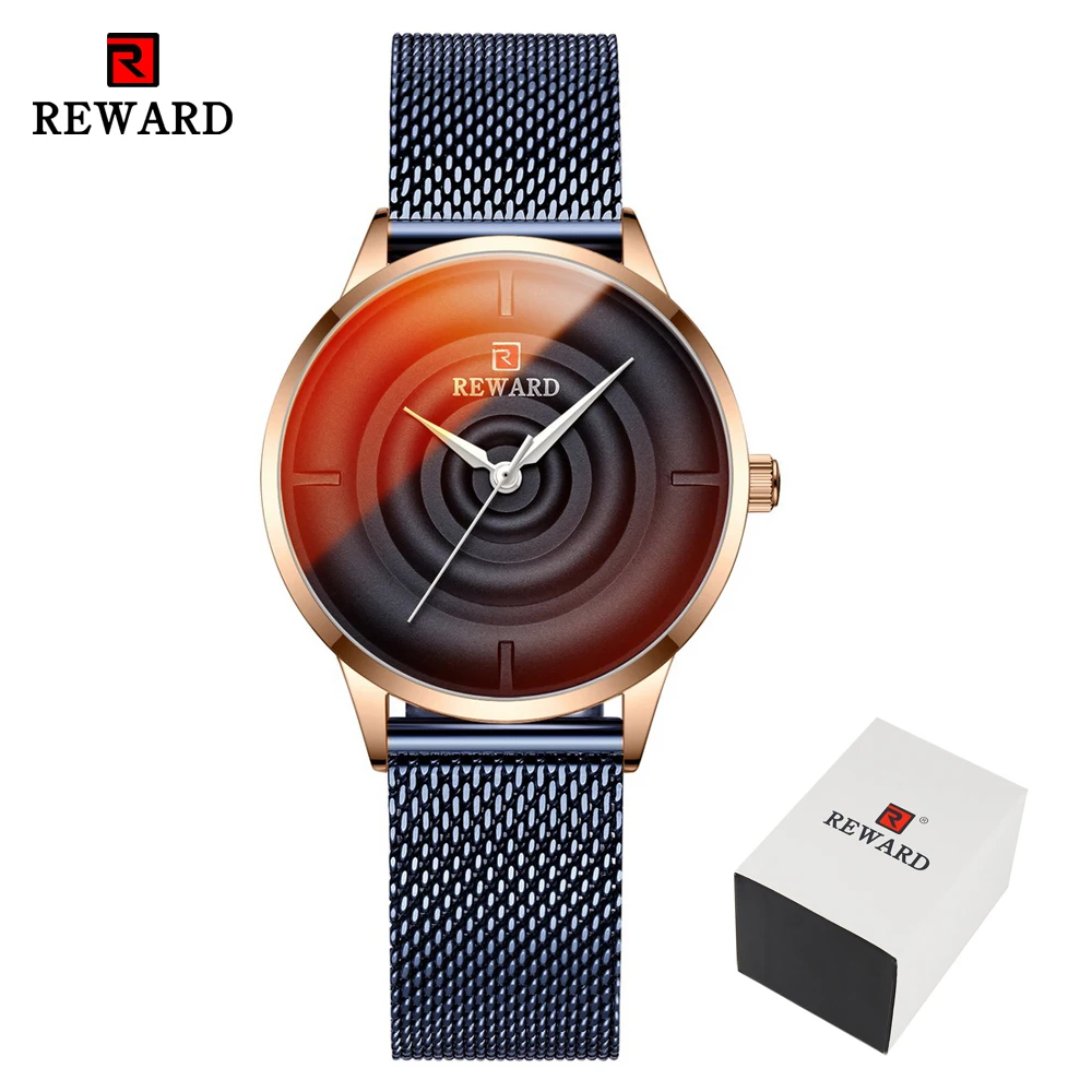 Blue Box Модные женские часы с цветным стеклом, браслет из розового золота, кварцевые наручные часы, женские водонепроницаемые часы с ремешком из стального сетчатого материала для девушек - Цвет: Blue Box